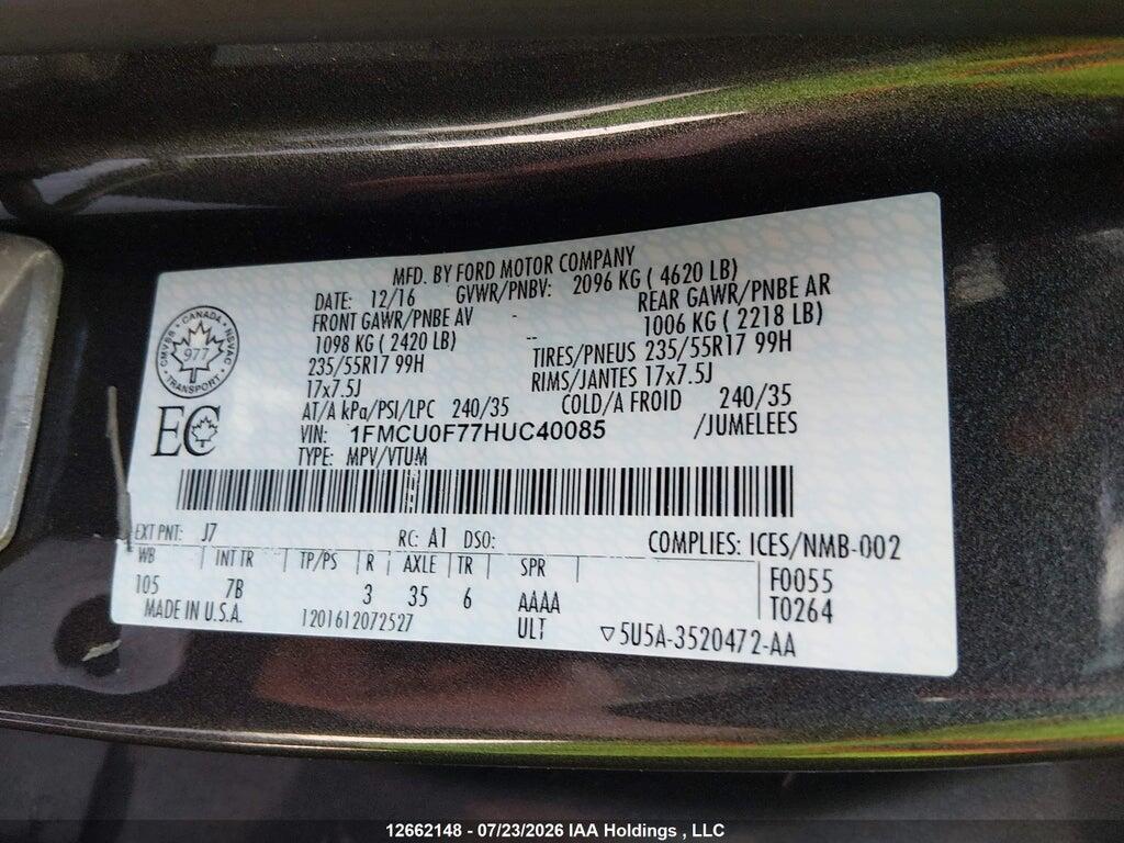 1FMCU0F77HUC40085 2017 FORD ESCAPE photo no. 9