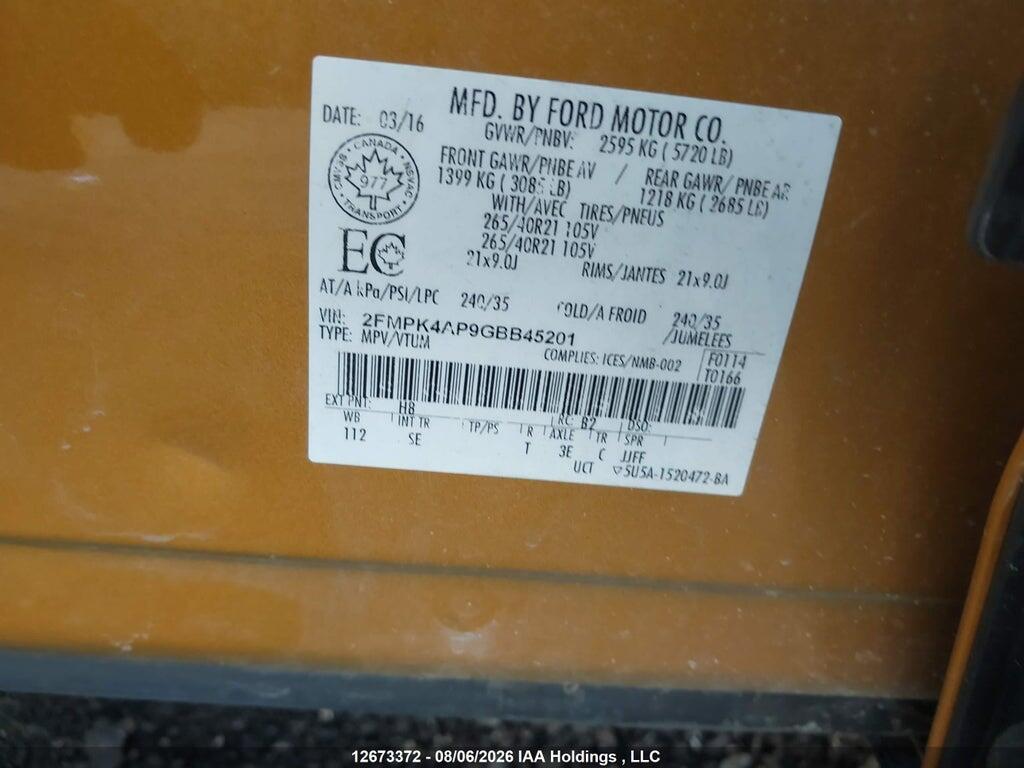 2FMPK4AP9GBB45201 2016 FORD EDGE photo no. 9