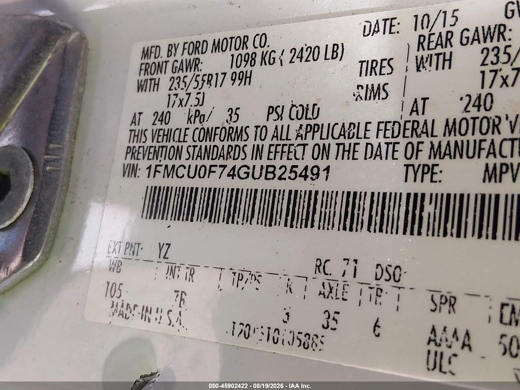 1FMCU0F74GUB25491 2016 FORD ESCAPE photo no. 9