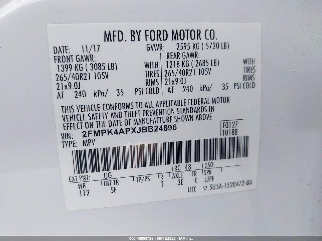 2FMPK4APXJBB24896 2018 FORD EDGE photo no. 9