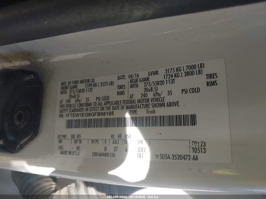 1FTEW1EG9GFB98195 2016 FORD F-150 photo no. 9
