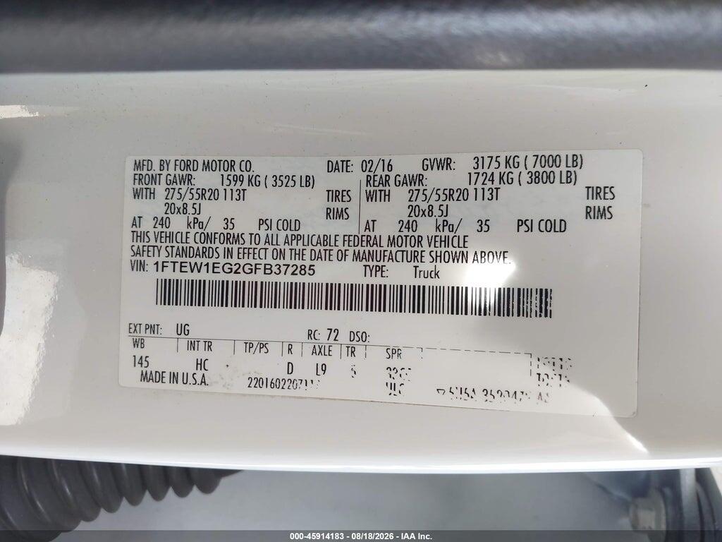 1FTEW1EG2GFB37285 2016 FORD F-150 photo no. 9