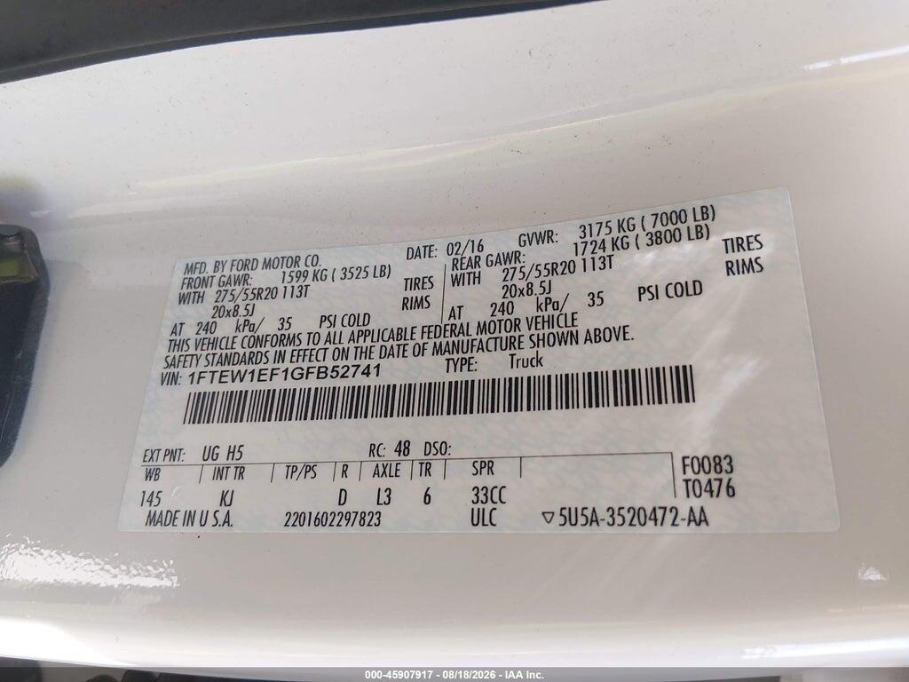 1FTEW1EF1GFB52741 2016 FORD F-150 photo no. 9