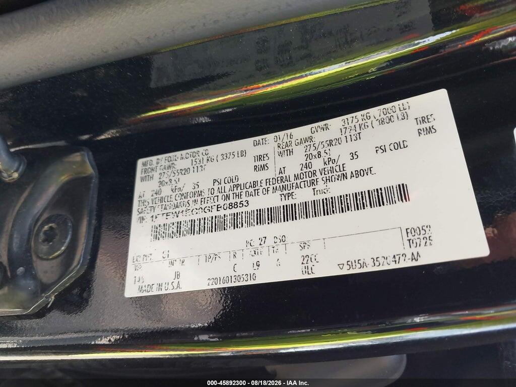 1FTEW1EG0GFB08853 2016 FORD F-150 photo no. 9