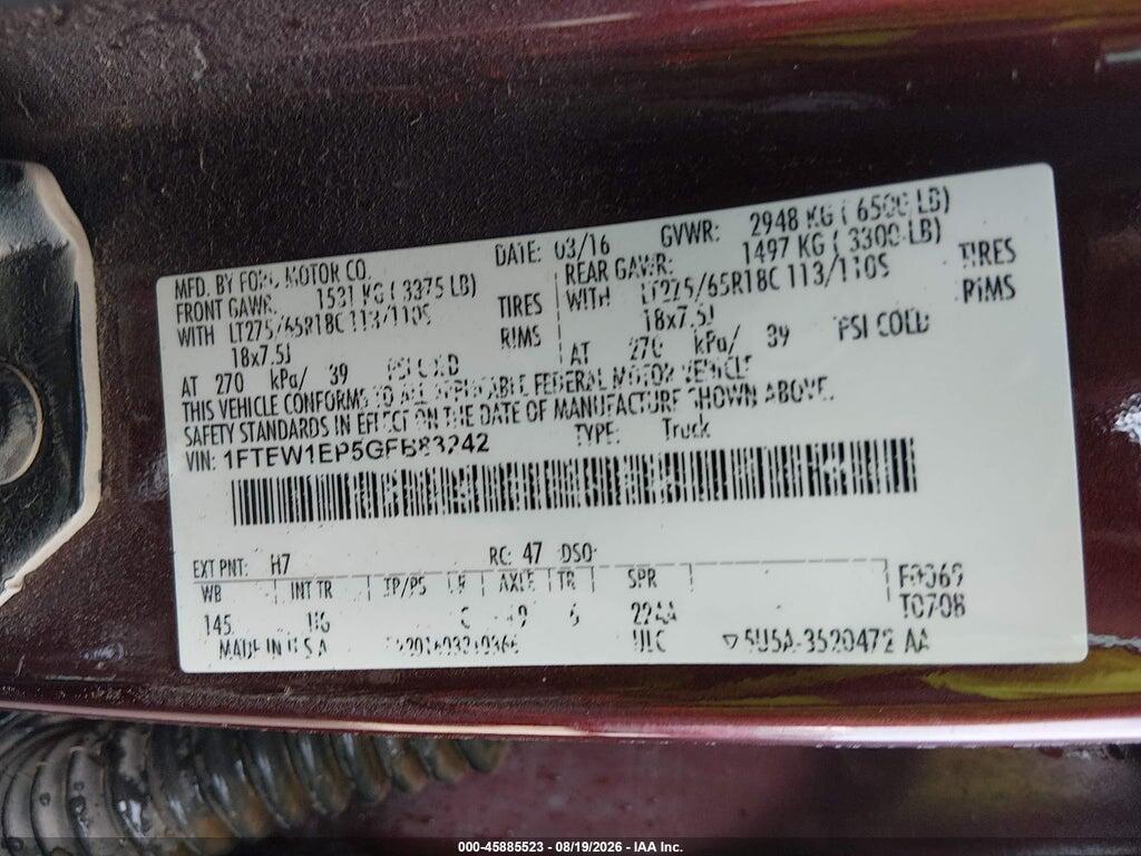 1FTEW1EP5GFB83242 2016 FORD F-150 photo no. 9
