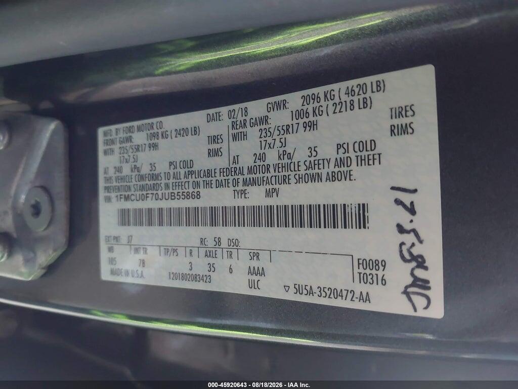 1FMCU0F70JUB55868 2018 FORD ESCAPE photo no. 9