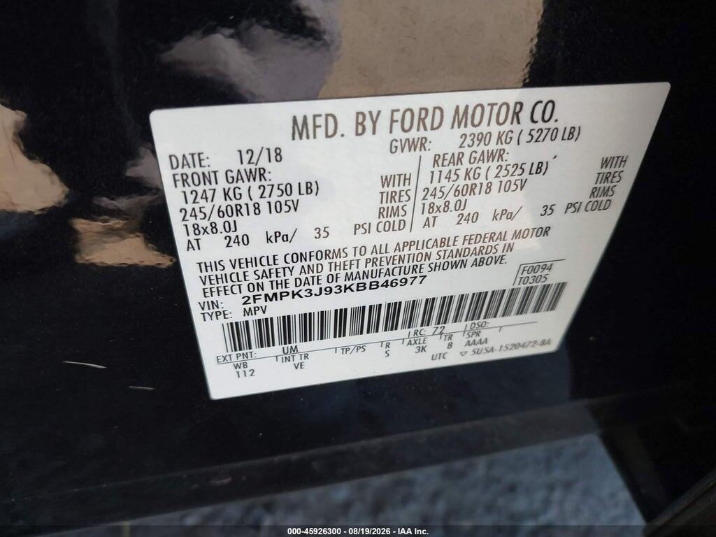 2FMPK3J93KBB46977 2019 FORD EDGE photo no. 9
