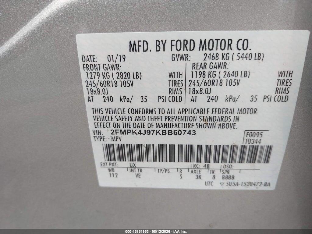 2FMPK4J97KBB60743 2019 FORD EDGE photo no. 9