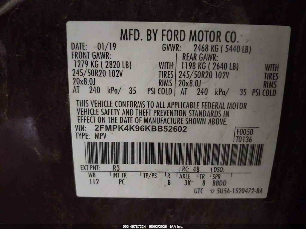 2FMPK4K96KBB52602 2019 FORD EDGE photo no. 9