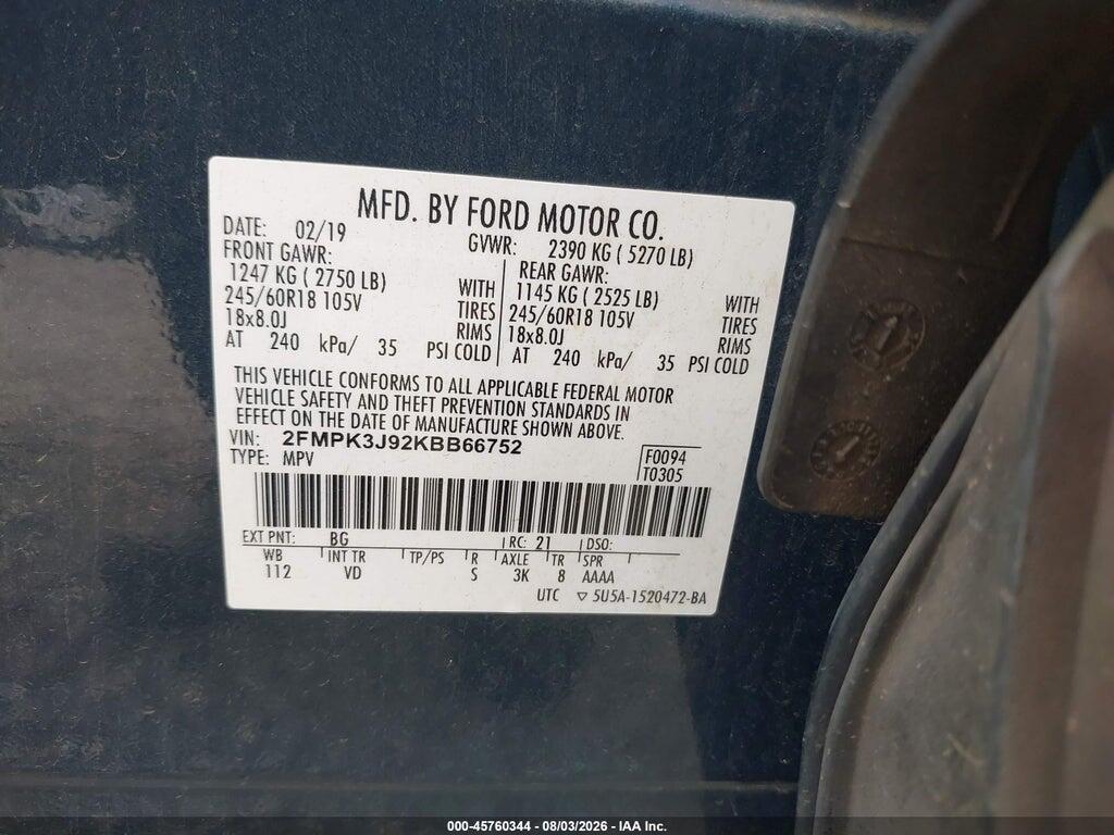 2FMPK3J92KBB66752 2019 FORD EDGE photo no. 9