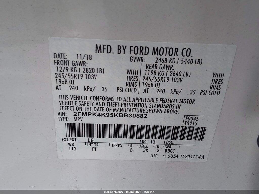 2FMPK4K95KBB30882 2019 FORD EDGE photo no. 9