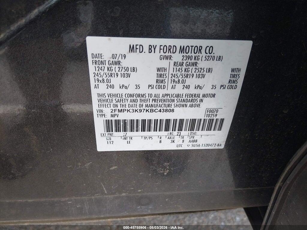 2FMPK3K97KBC43808 2019 FORD EDGE photo no. 9