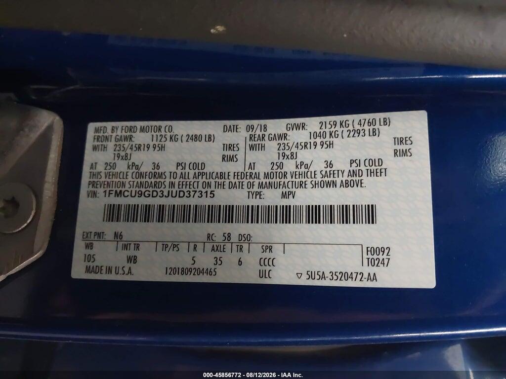 1FMCU9GD3JUD37315 2018 FORD ESCAPE photo no. 9