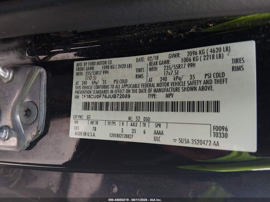 1FMCU0F76JUB72089 2018 FORD ESCAPE photo no. 9