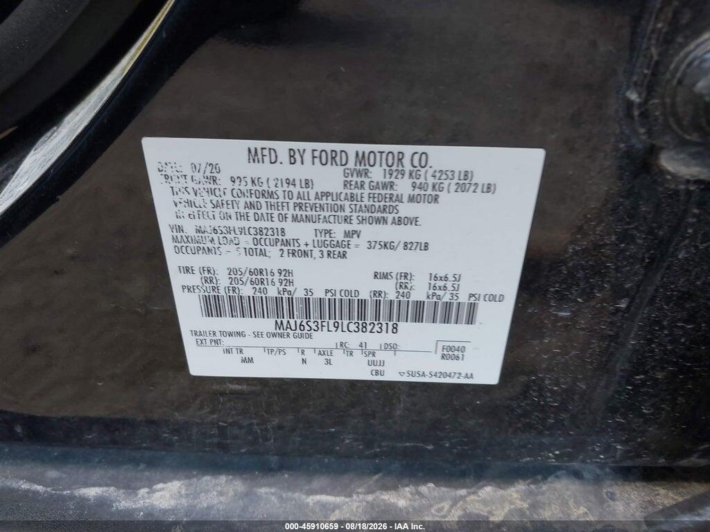 MAJ6S3FL9LC382318 2020 FORD ECOSPORT photo no. 9