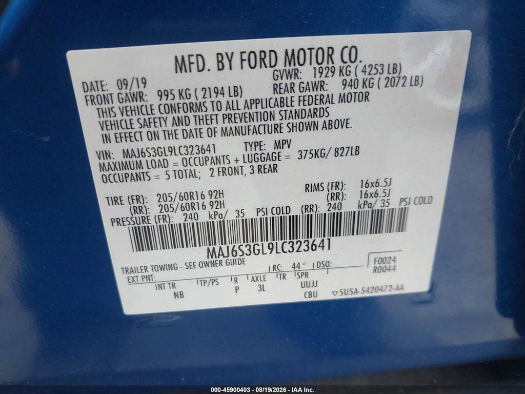 MAJ6S3GL9LC323641 2020 FORD ECOSPORT photo no. 9
