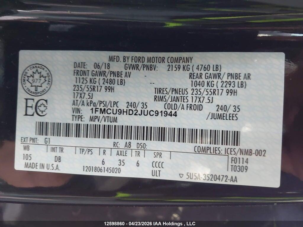 1FMCU9HD2JUC91944 2018 FORD ESCAPE photo no. 9