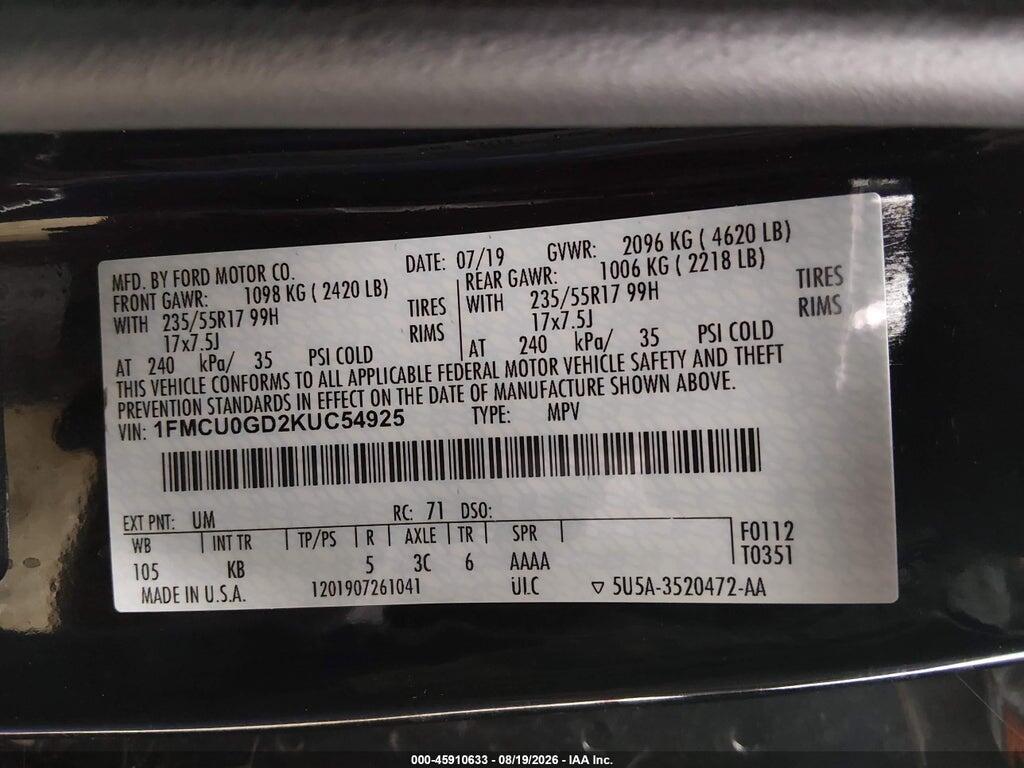 1FMCU0GD2KUC54925 2019 FORD ESCAPE photo no. 9