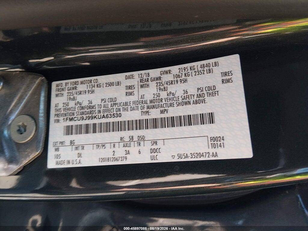 1FMCU9J99KUA63530 2019 FORD ESCAPE photo no. 9
