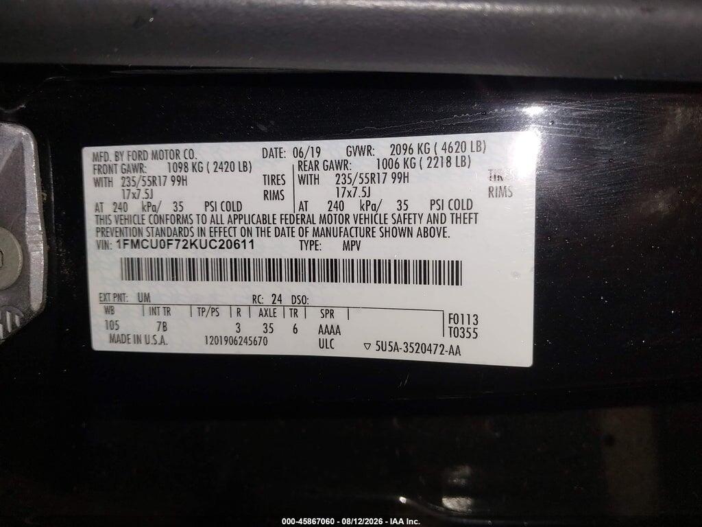 1FMCU0F72KUC20611 2019 FORD ESCAPE photo no. 9