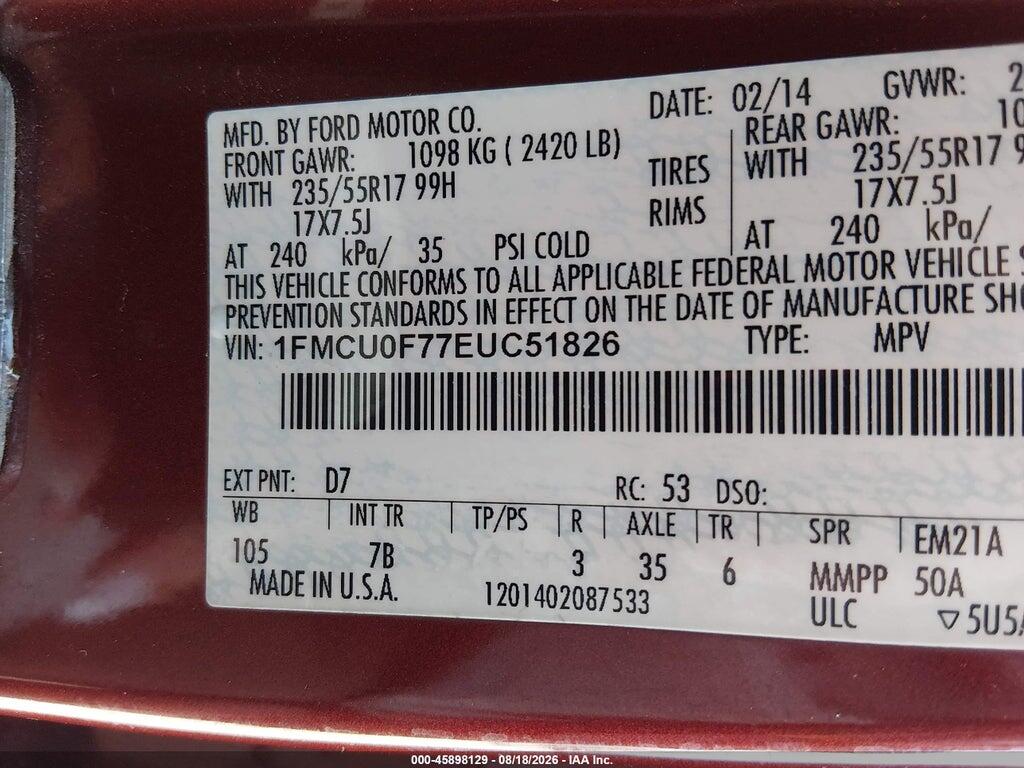 1FMCU0F77EUC51826 2014 FORD ESCAPE photo no. 9