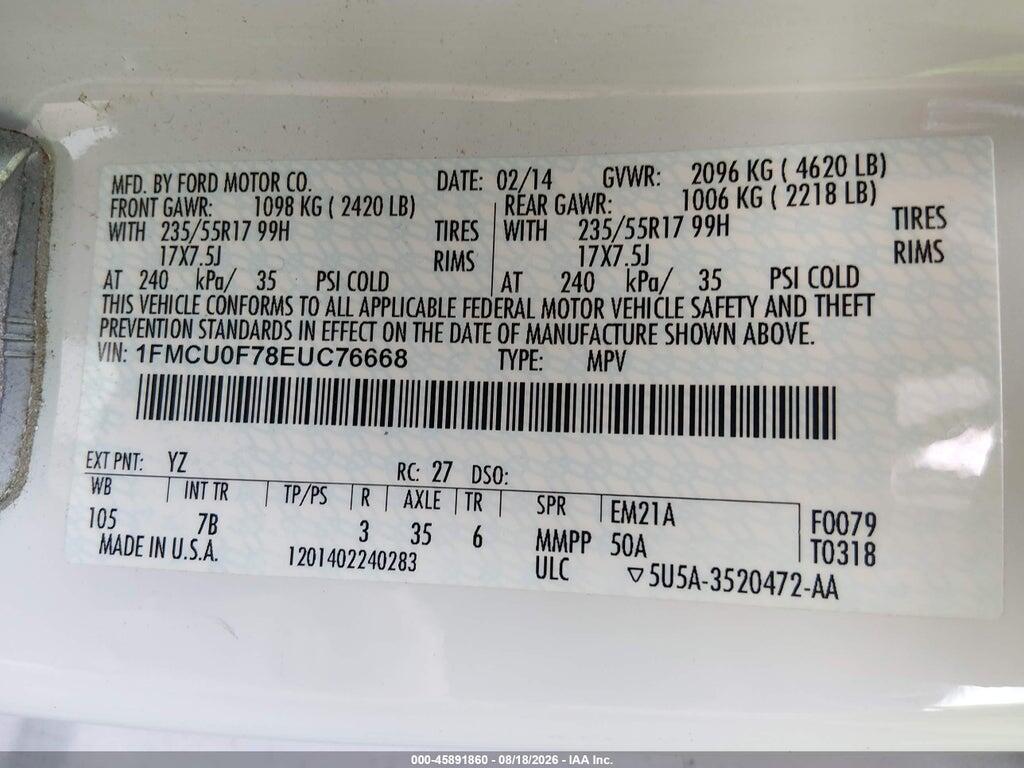 1FMCU0F78EUC76668 2014 FORD ESCAPE photo no. 9