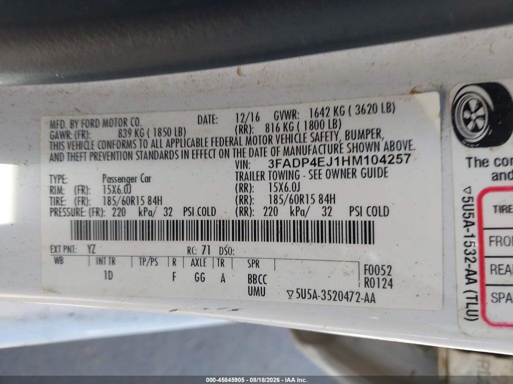 3FADP4EJ1HM104257 2017 FORD FIESTA photo no. 9