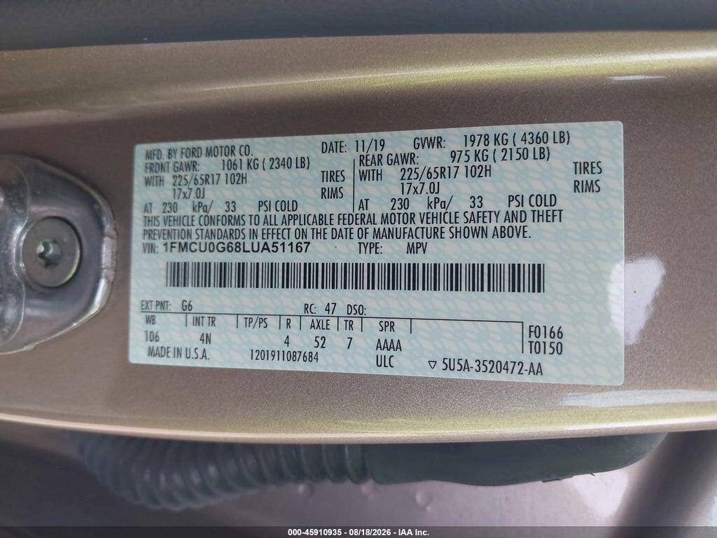 1FMCU0G68LUA51167 2020 FORD ESCAPE photo no. 9