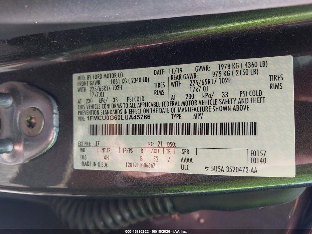 1FMCU0G60LUA45766 2020 FORD ESCAPE photo no. 9