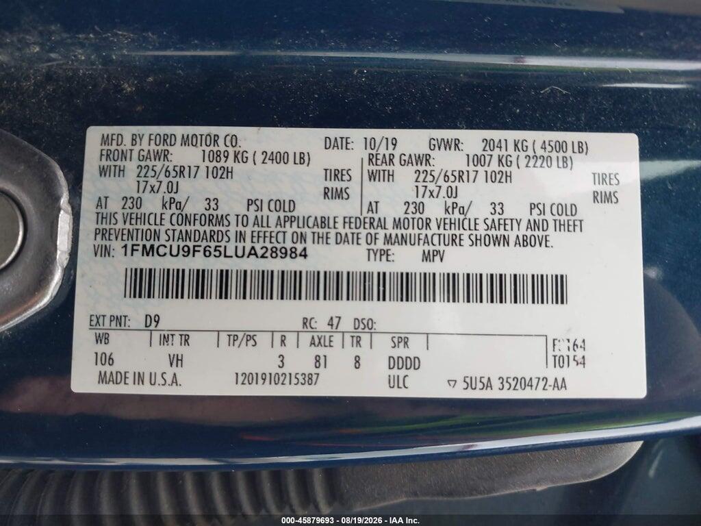 1FMCU9F65LUA28984 2020 FORD ESCAPE photo no. 9