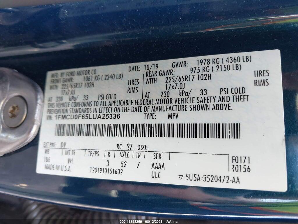 1FMCU0F65LUA25336 2020 FORD ESCAPE photo no. 9