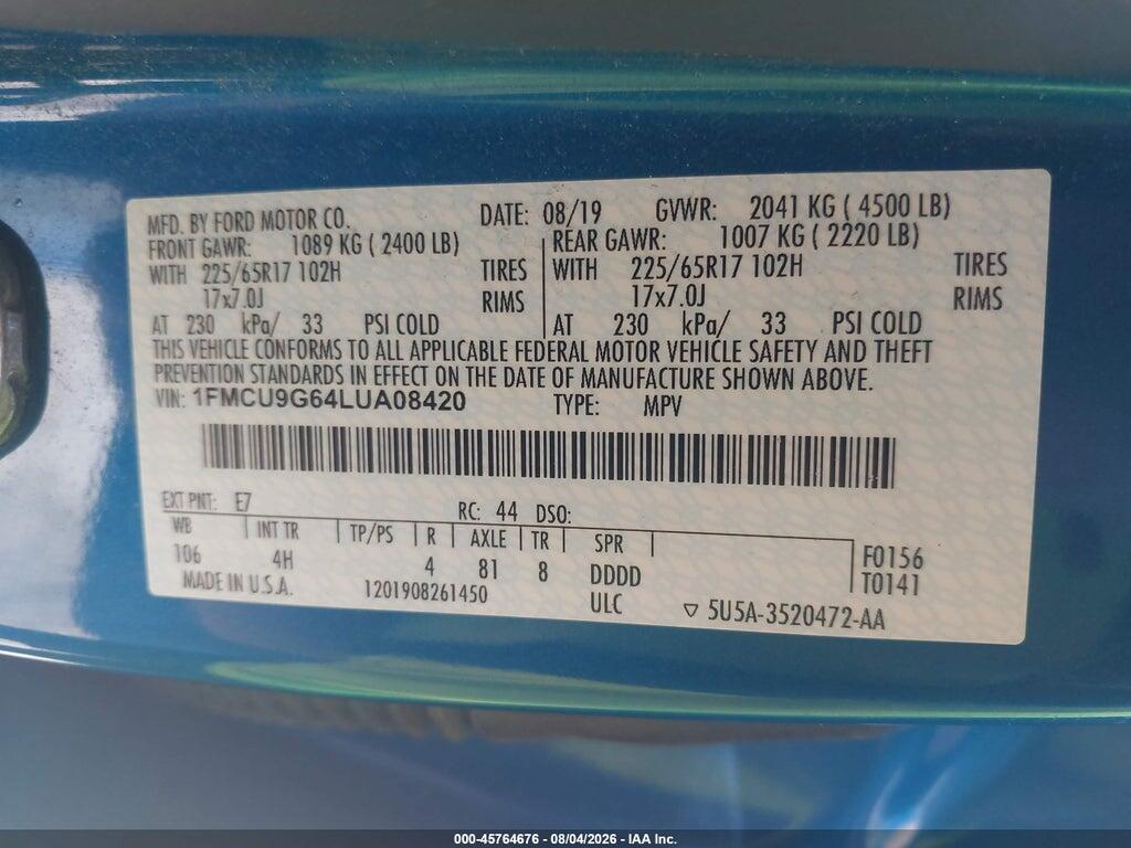 1FMCU9G64LUA08420 2020 FORD ESCAPE photo no. 9