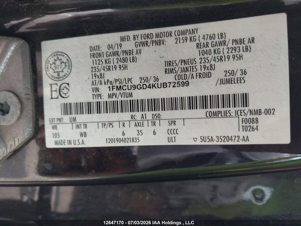 1FMCU9GD4KUB72599 2019 FORD ESCAPE photo no. 9