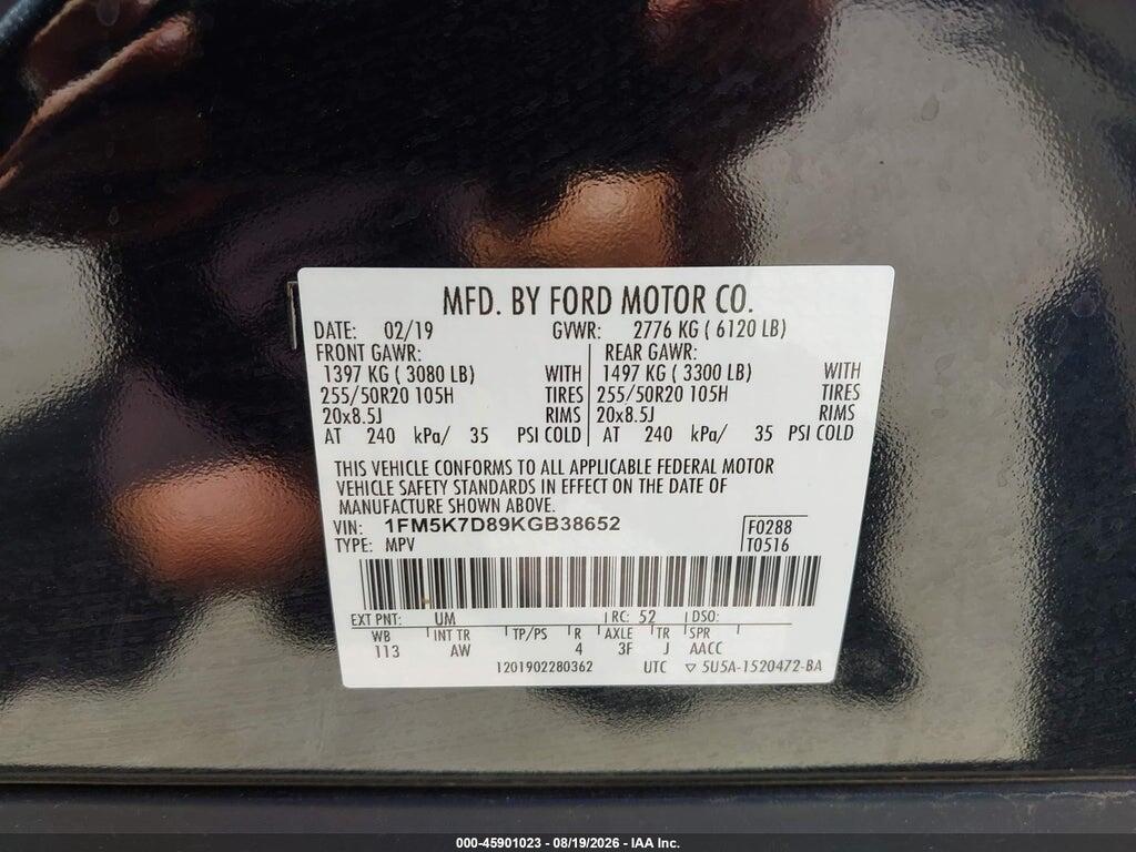 1FM5K7D89KGB38652 2019 FORD EXPLORER photo no. 9