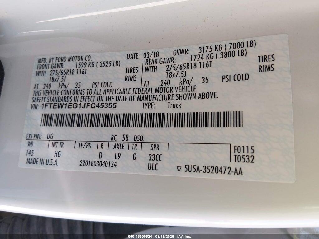 1FTEW1EG1JFC45355 2018 FORD F-150 photo no. 9