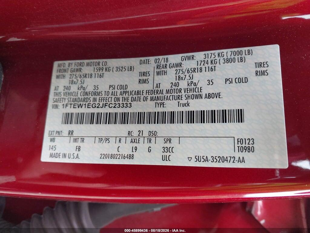 1FTEW1EG2JFC23333 2018 FORD F-150 photo no. 9