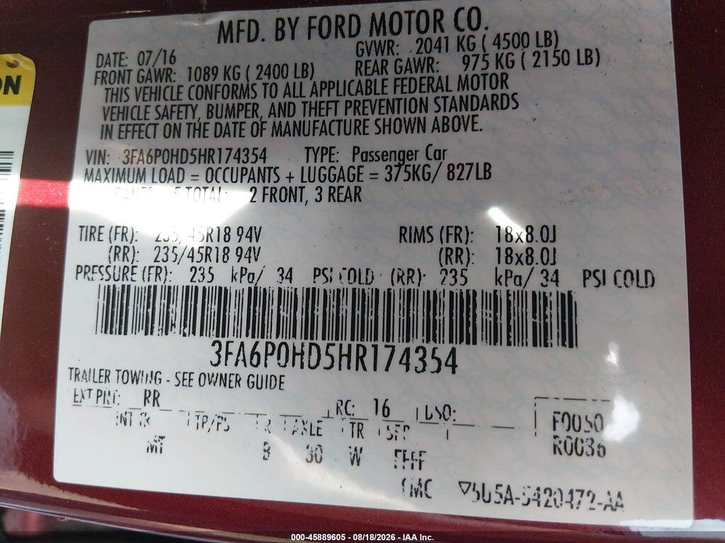 3FA6P0HD5HR174354 2017 FORD FUSION photo no. 9