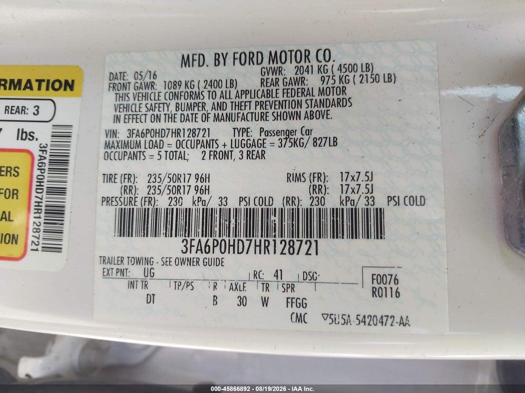 3FA6P0HD7HR128721 2017 FORD FUSION photo no. 9