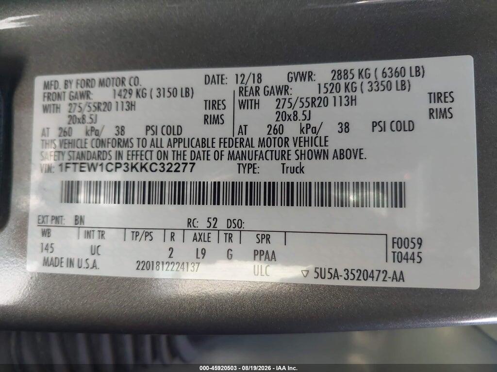 1FTEW1CP3KKC32277 2019 FORD F-150 photo no. 9