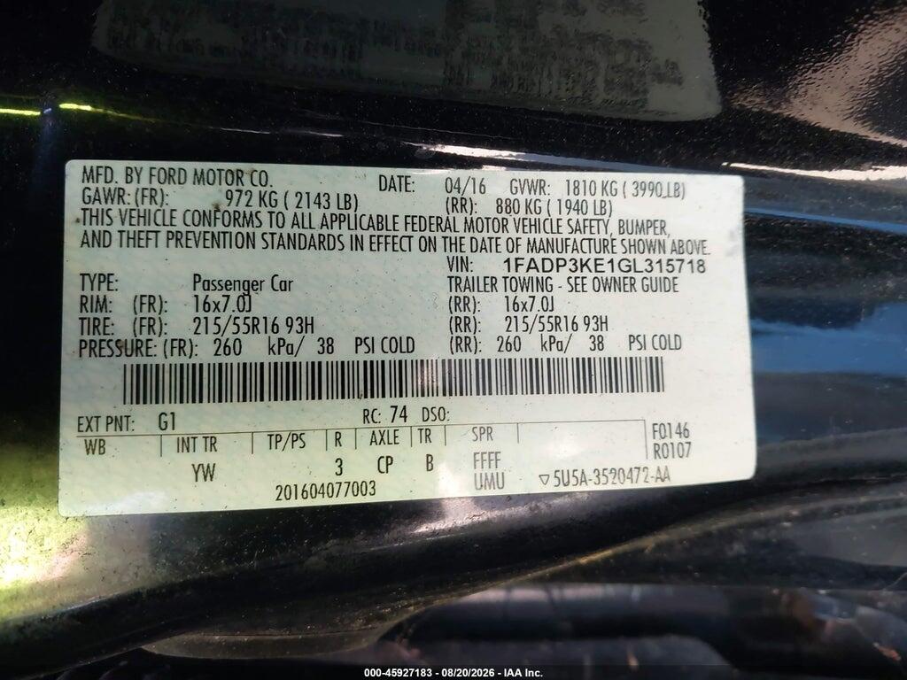 1FADP3KE1GL315718 2016 FORD FOCUS photo no. 9