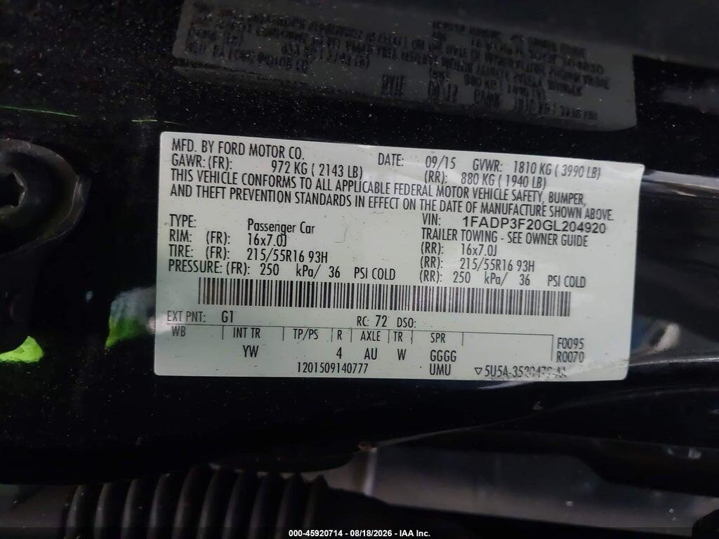 1FADP3F20GL204920 2016 FORD FOCUS photo no. 9