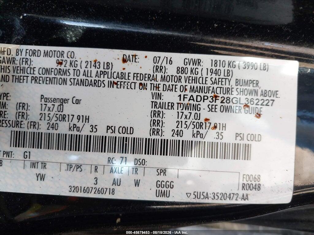 1FADP3F28GL362227 2016 FORD FOCUS photo no. 9