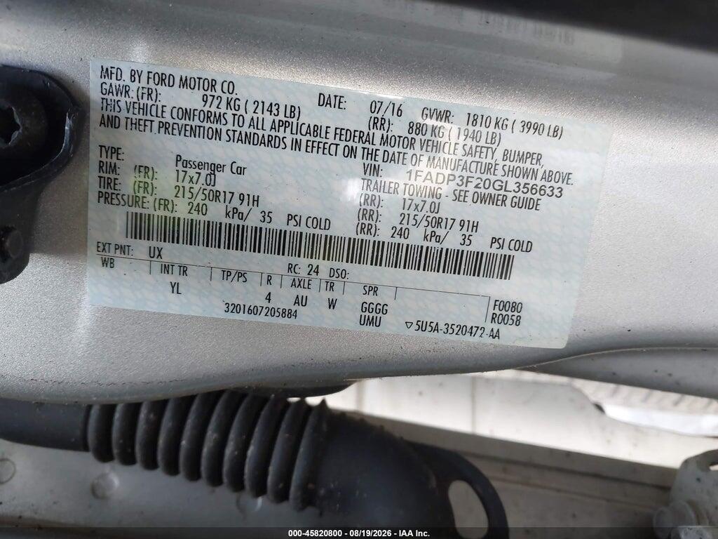 1FADP3F20GL356633 2016 FORD FOCUS photo no. 9