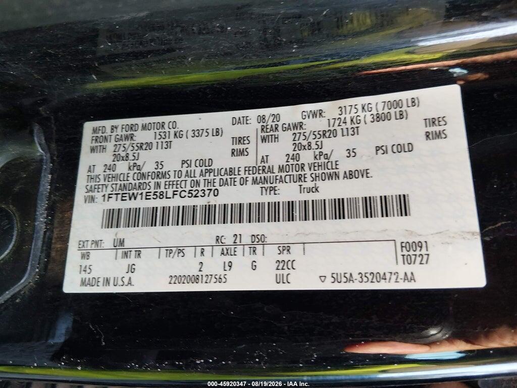 1FTEW1E58LFC52370 2020 FORD F-150 photo no. 9