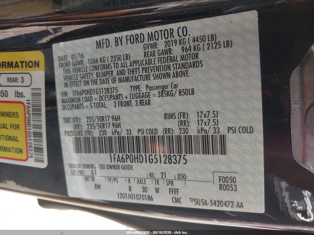 1FA6P0HD1G5128375 2016 FORD FUSION photo no. 9