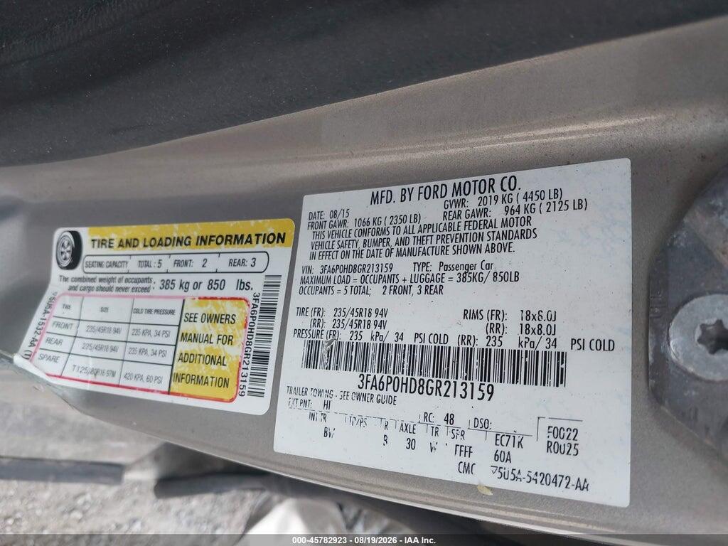 3FA6P0HD8GR213159 2016 FORD FUSION photo no. 9