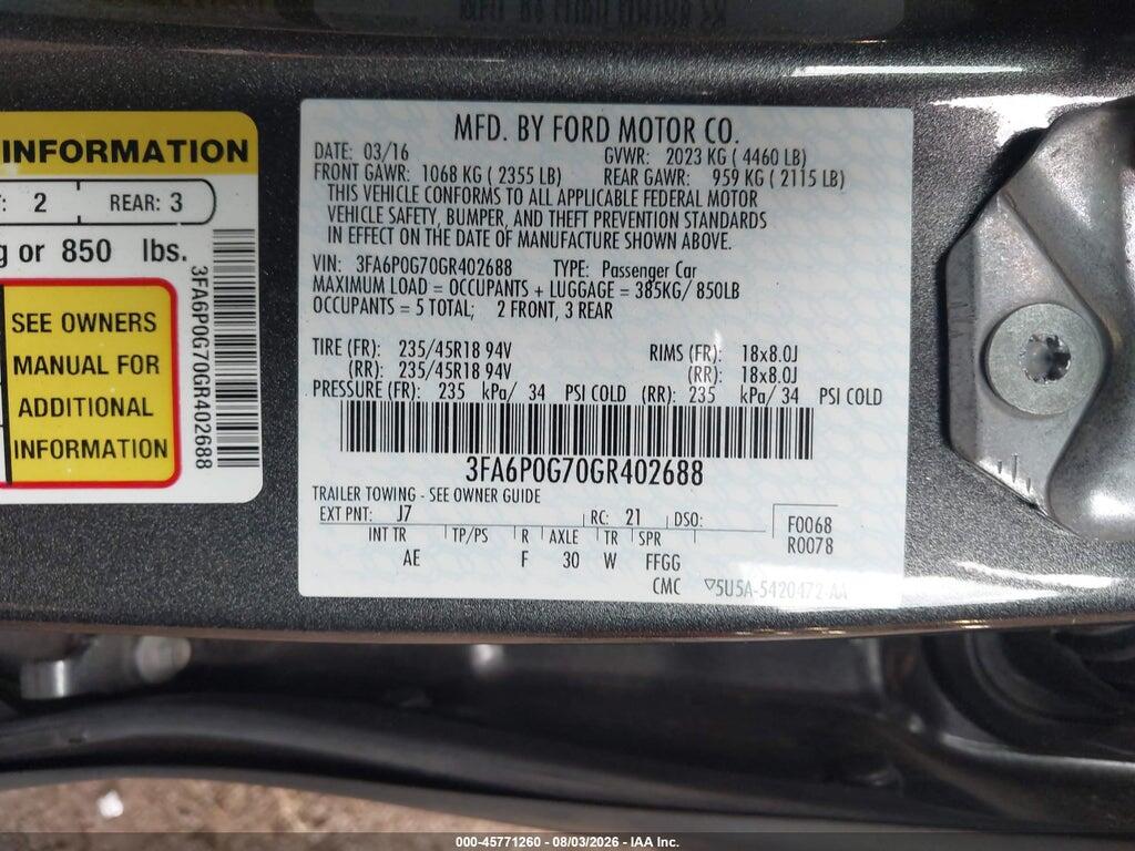 3FA6P0G70GR402688 2016 FORD FUSION photo no. 9