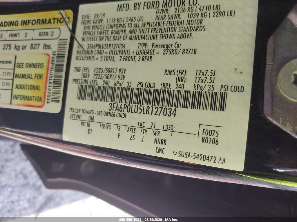 3FA6P0LU5LR127034 2020 FORD FUSION photo no. 9