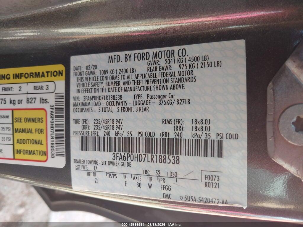 3FA6P0HD7LR188538 2020 FORD FUSION photo no. 9