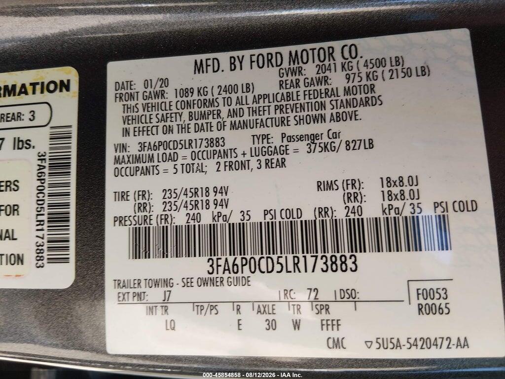3FA6P0CD5LR173883 2020 FORD FUSION photo no. 9
